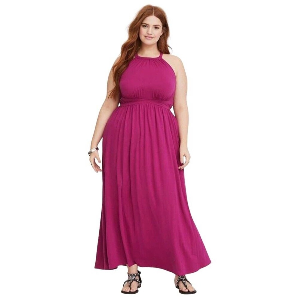 Torrid Maxi Dress Plus Size 2X Raspberry Pink High Neck Jersey Knit Sleeveless